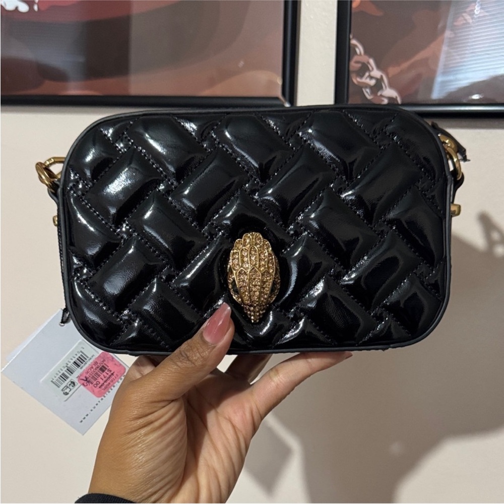 Kurt Geiger Black Quilted Patent Crossbody with Gold Clasp